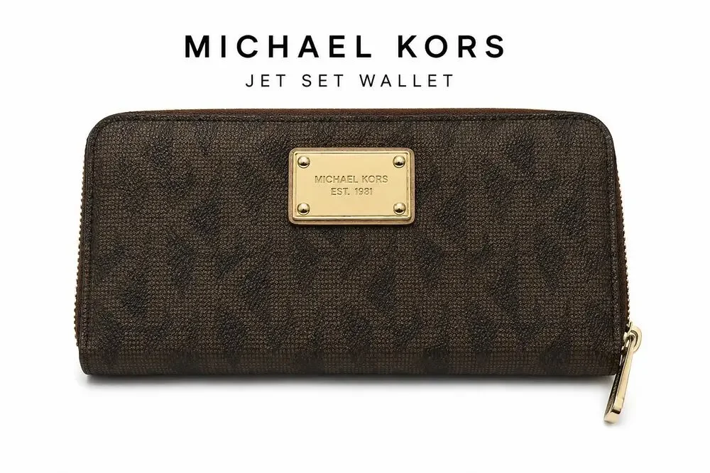 Michael Kors Jet Set Brown Signature Zip Around Wallet Gold Tone Logo Large